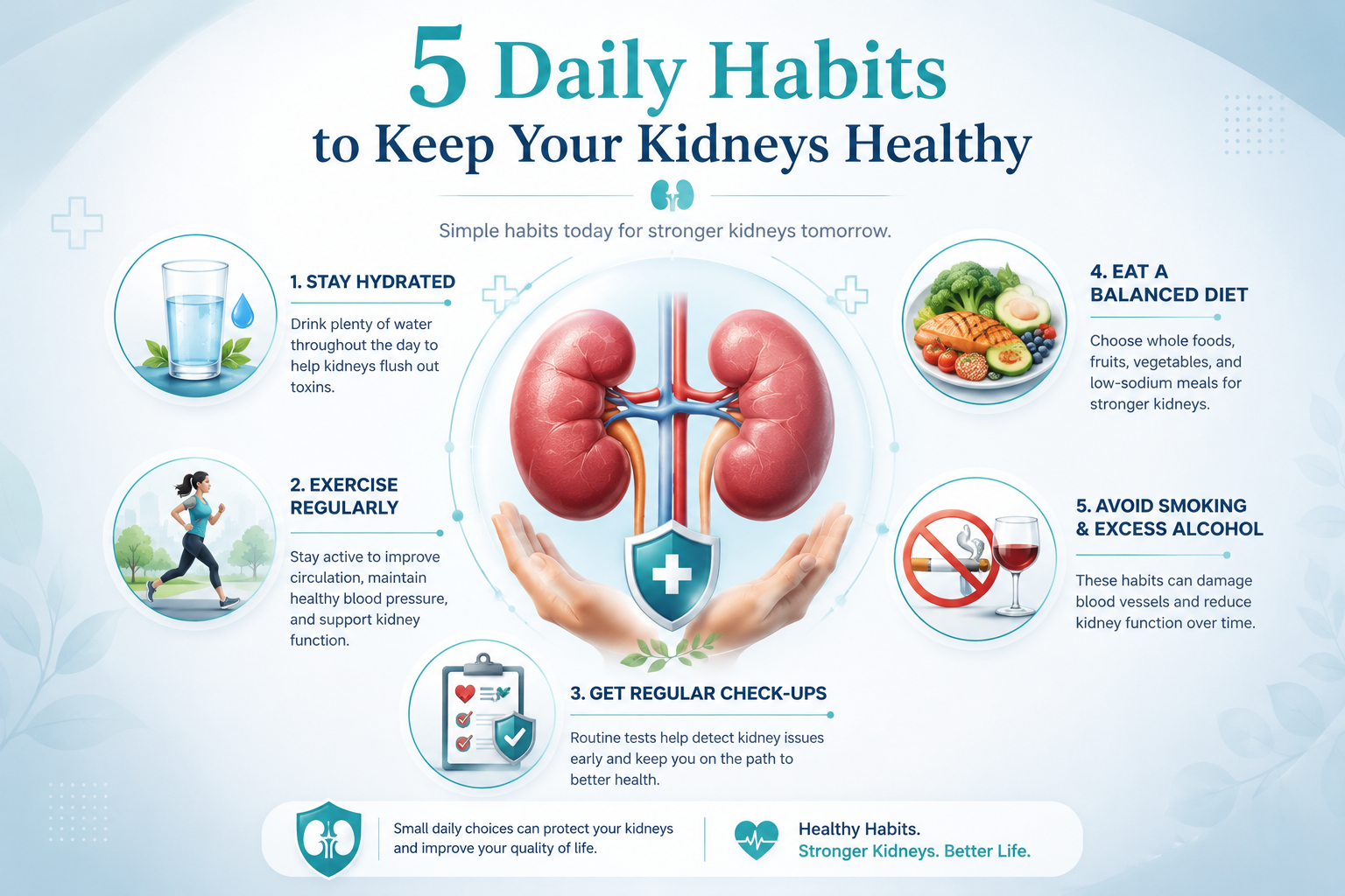 Professional medical infographic showing 5 daily habits to keep kidneys healthy, including hydration, exercise, regular health check-ups, a balanced diet, and avoiding smoking and excessive alcohol.