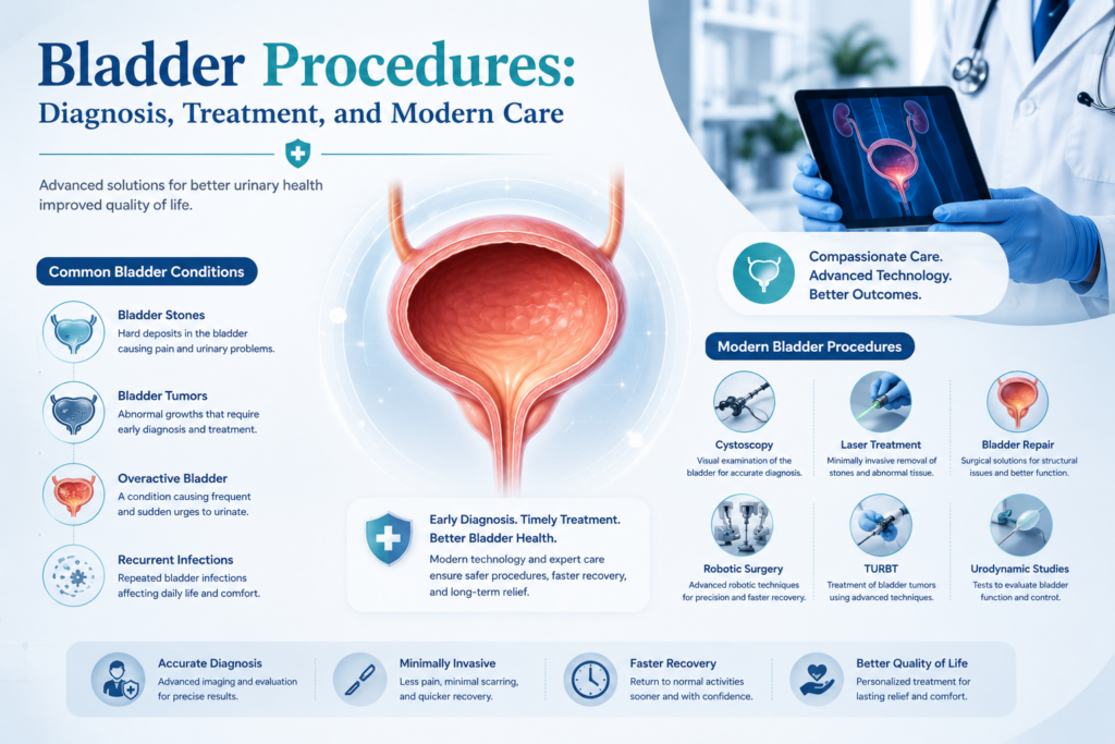 Professional medical infographic illustrating bladder procedures, including cystoscopy, laser treatment, robotic surgery, TURBT, urodynamic studies, and bladder repair for diagnosis and treatment of bladder conditions.