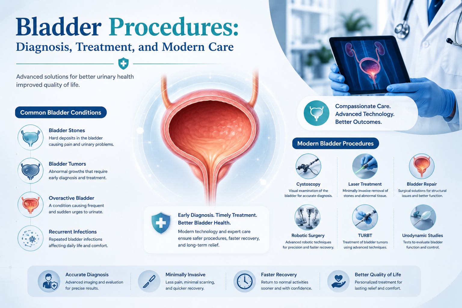 Professional medical infographic illustrating bladder procedures, including cystoscopy, laser treatment, robotic surgery, TURBT, urodynamic studies, and bladder repair for diagnosis and treatment of bladder conditions.