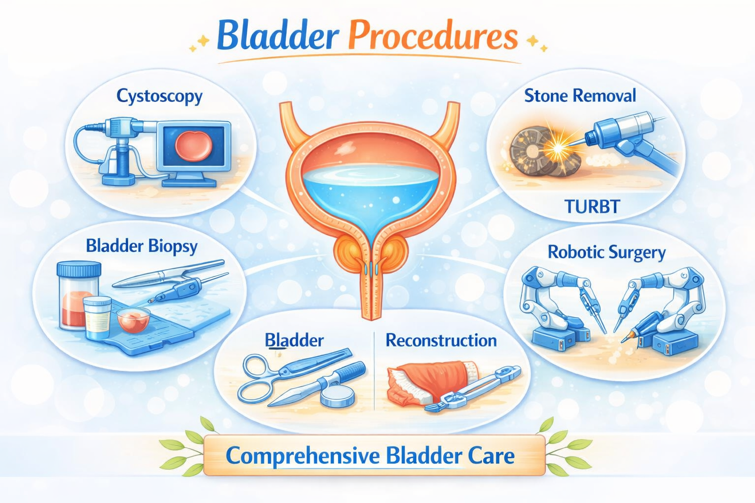 Infographic showing bladder procedures including cystoscopy, stone removal, TURBT, robotic surgery, bladder biopsy, and reconstruction, with a central bladder illustration in light blue and orange tones.