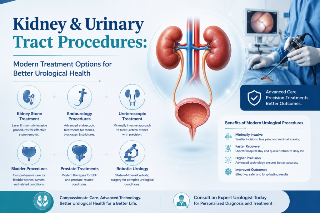 Professional medical infographic illustrating kidney and urinary tract procedures, including kidney stone treatment, endourology, ureteroscopy, bladder procedures, prostate treatments, and robotic urology for advanced patient care.