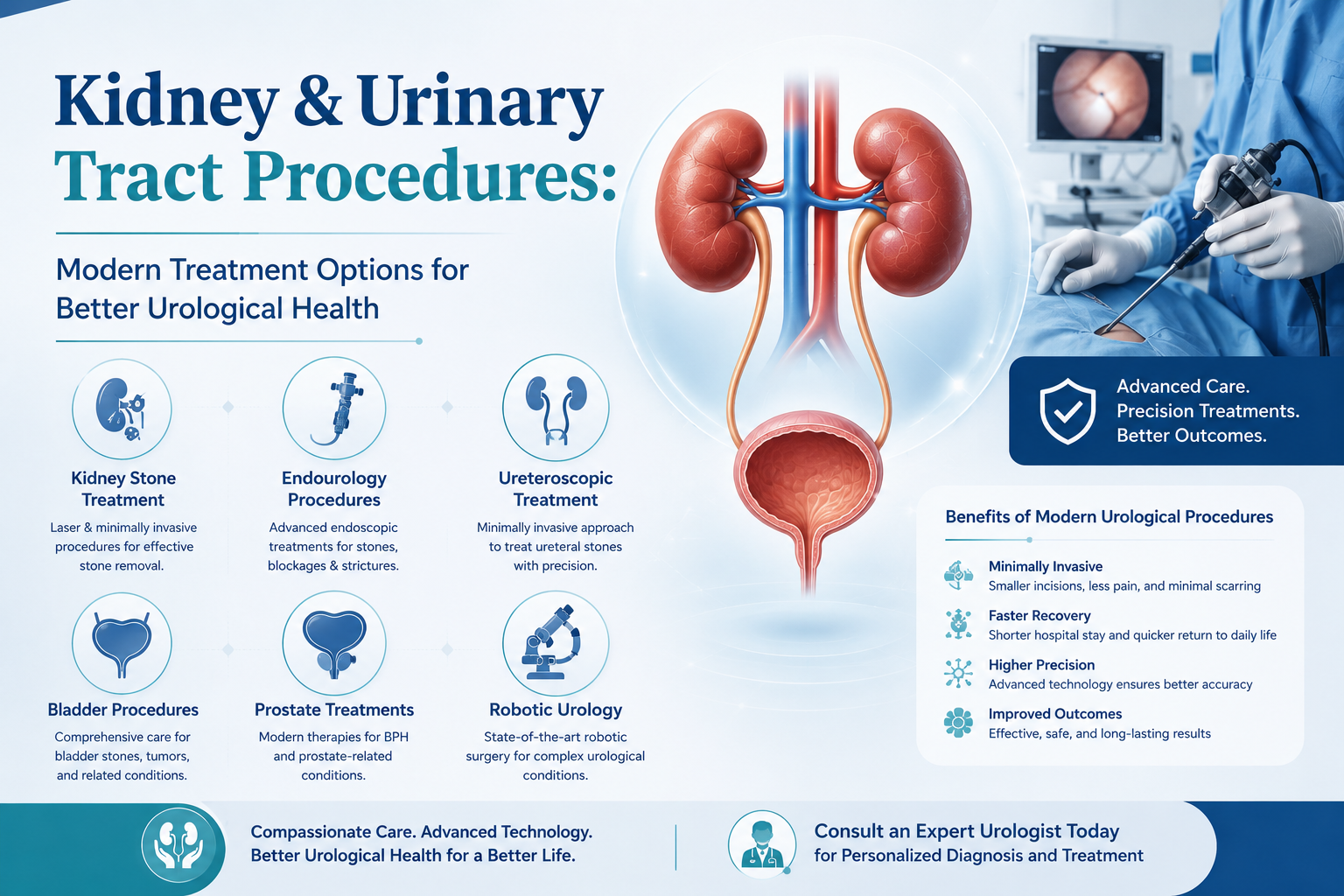 Professional medical infographic illustrating kidney and urinary tract procedures, including kidney stone treatment, endourology, ureteroscopy, bladder procedures, prostate treatments, and robotic urology for advanced patient care.