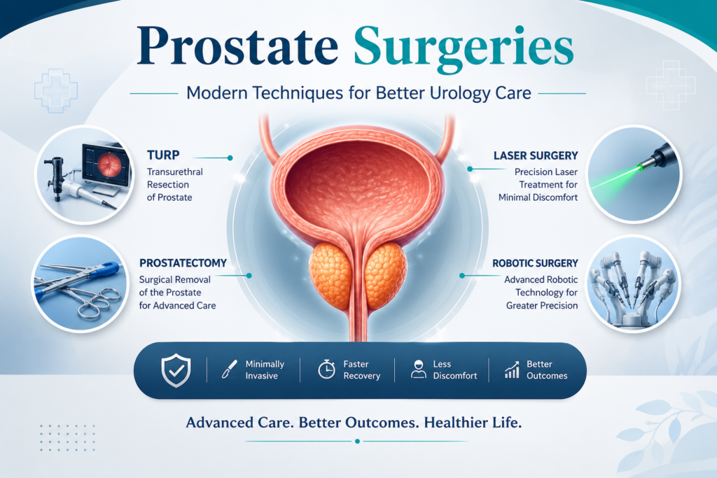 Medical infographic illustrating modern prostate surgery techniques including TURP, laser prostate surgery, prostatectomy, and robotic-assisted prostate surgery for advanced urology care.