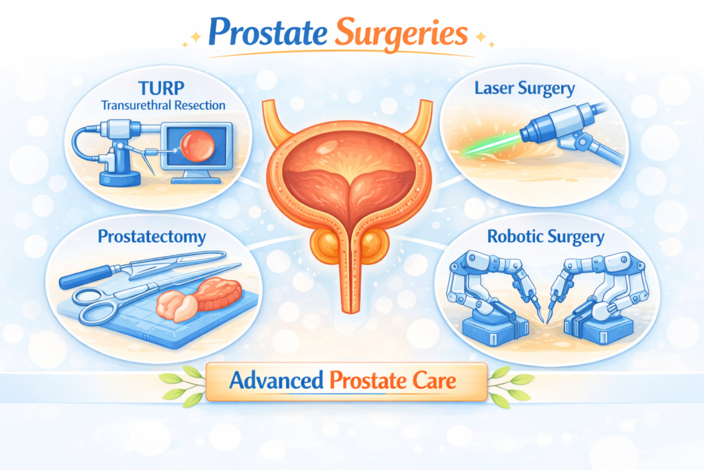 Infographic showing prostate surgeries including TURP, laser prostate surgery, prostatectomy, and robotic prostate surgery, with a central prostate illustration in light colors.