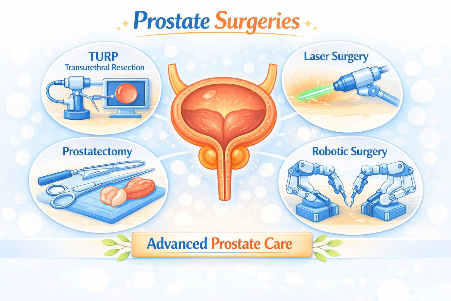 Infographic showing prostate surgeries including TURP, laser prostate surgery, prostatectomy, and robotic prostate surgery, with a central prostate illustration in light colors.