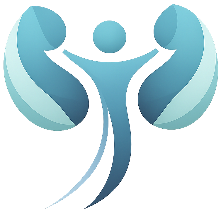 Transparent kidney health logo featuring a human figure and kidney shapes in blue and teal, symbolizing urology care and wellness. Best Urologist in Hyderabad.