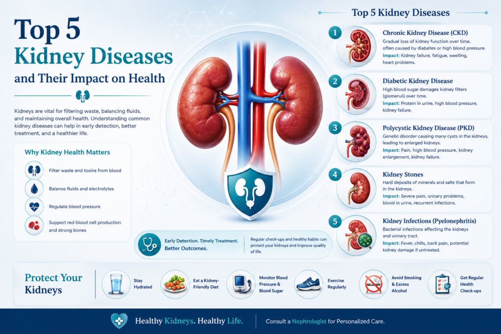 Professional medical infographic showing the top 5 kidney diseases, including chronic kidney disease, diabetic kidney disease, polycystic kidney disease, kidney stones, and kidney infections, along with their impact on overall health.