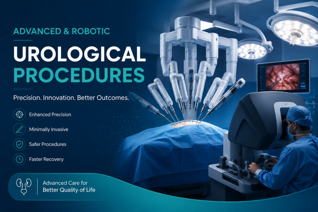 Advanced robotic urological surgery performed using a robotic-assisted surgical system in a modern operating room, highlighting precision, minimally invasive treatment, and advanced patient care.