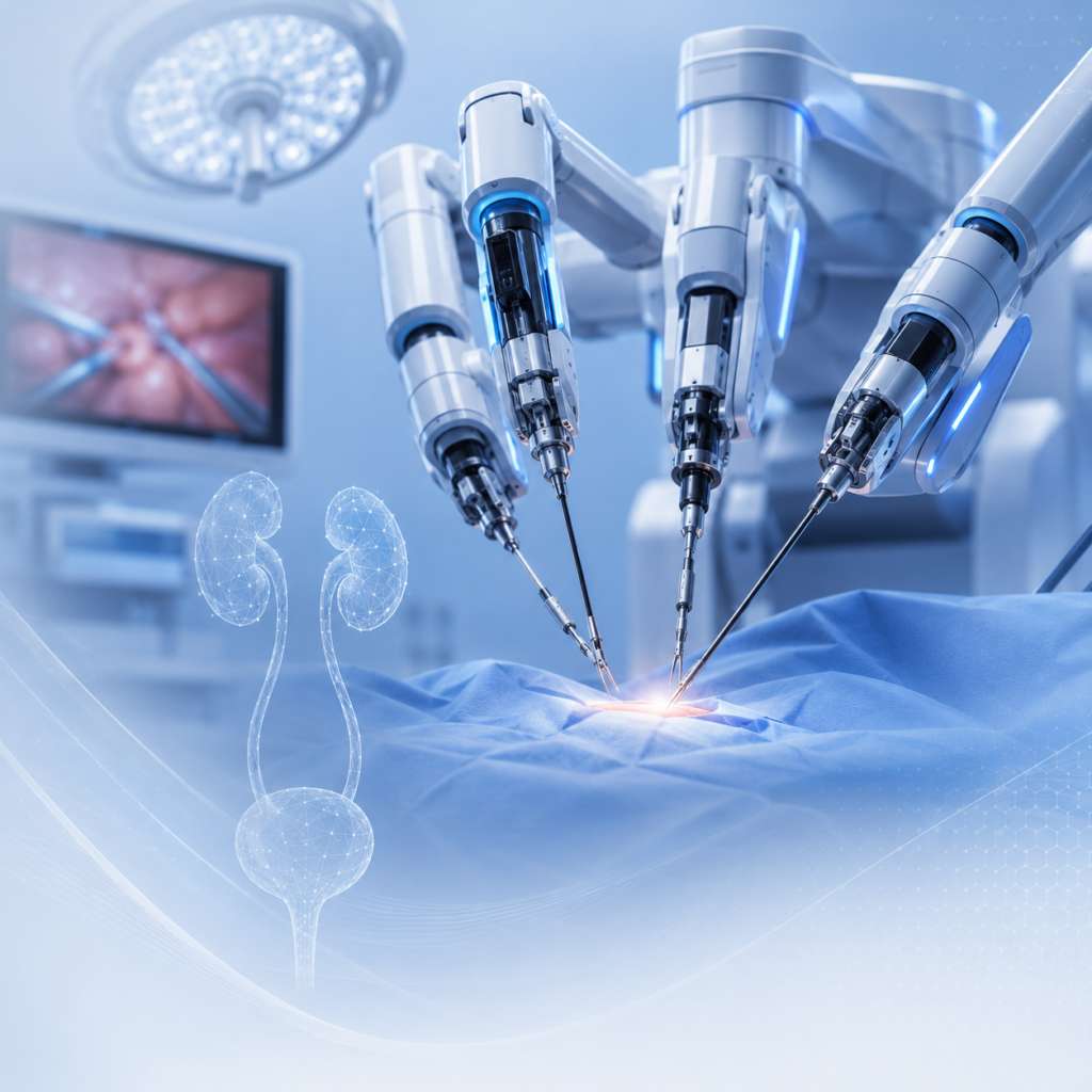 Illustration of robotic-assisted urological surgery showing advanced minimally invasive technology for precision surgical treatment.
