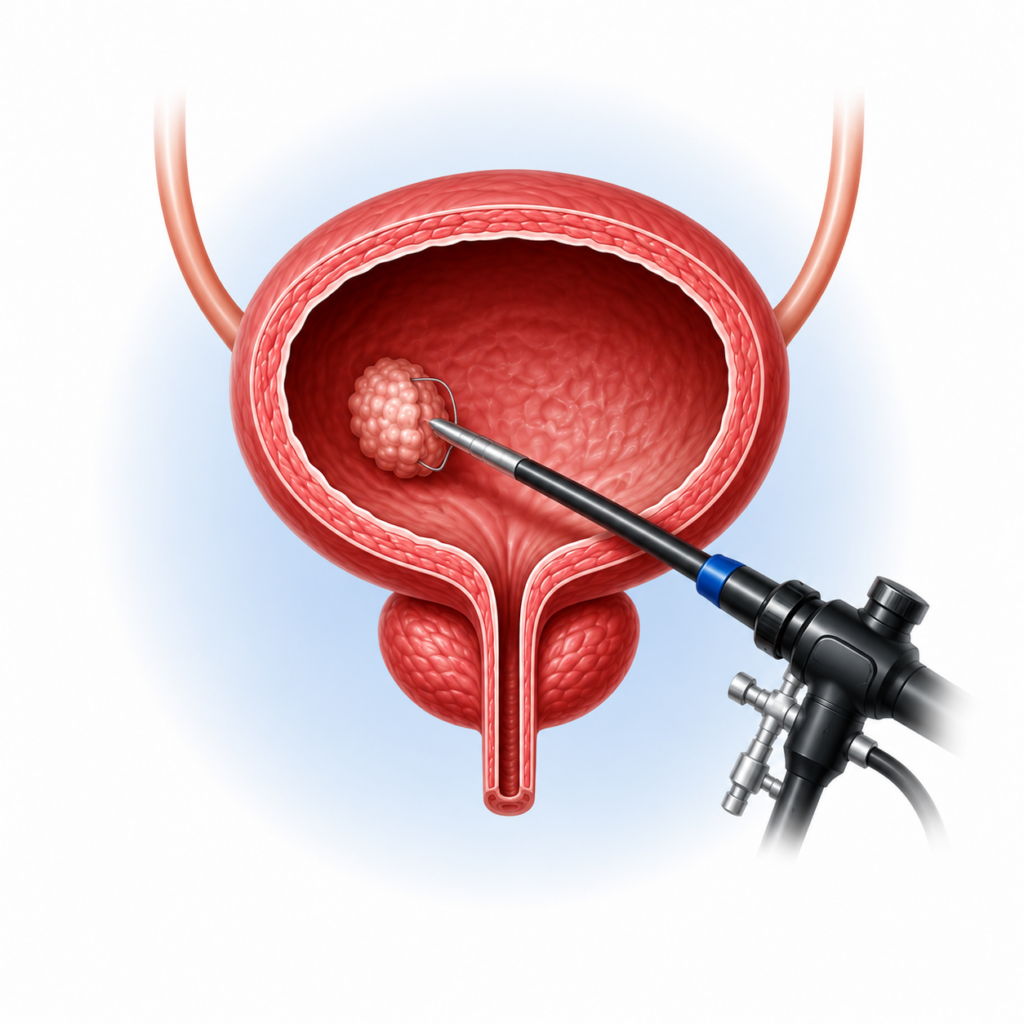 Bladder procedure illustration showing cystoscopic treatment of a bladder tumor using minimally invasive endoscopic technology.