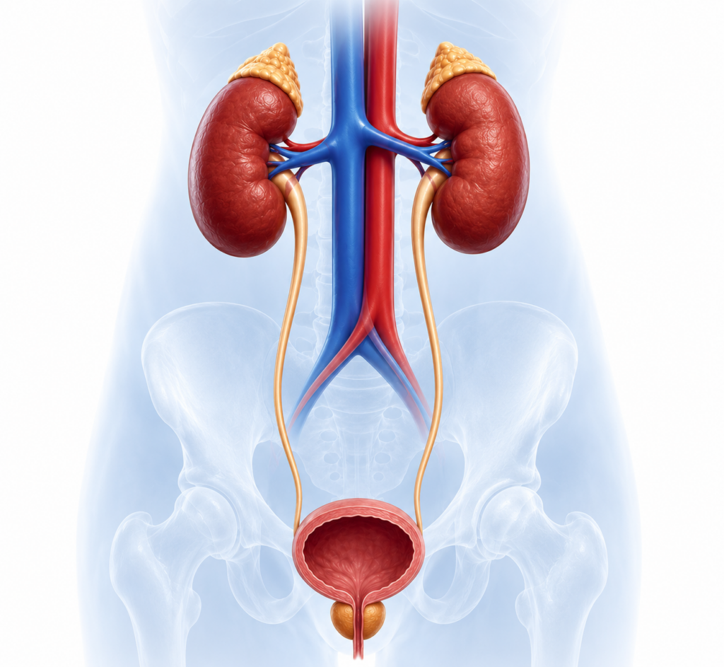 Anatomical illustration of the kidneys, ureters, bladder, prostate gland, and urinary tract system.