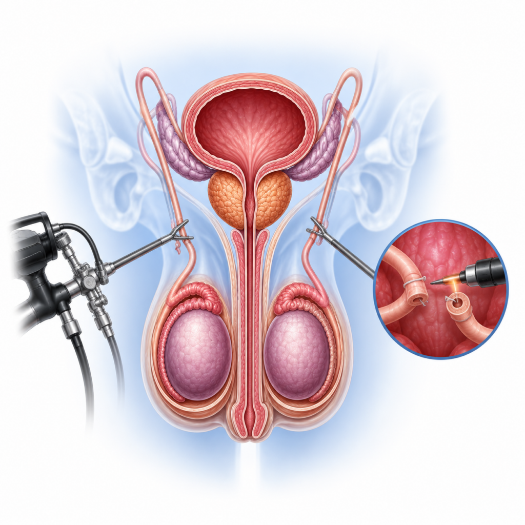 Illustration of advanced male reproductive surgery showing microsurgical treatment of the testes, vas deferens, and reproductive organs.