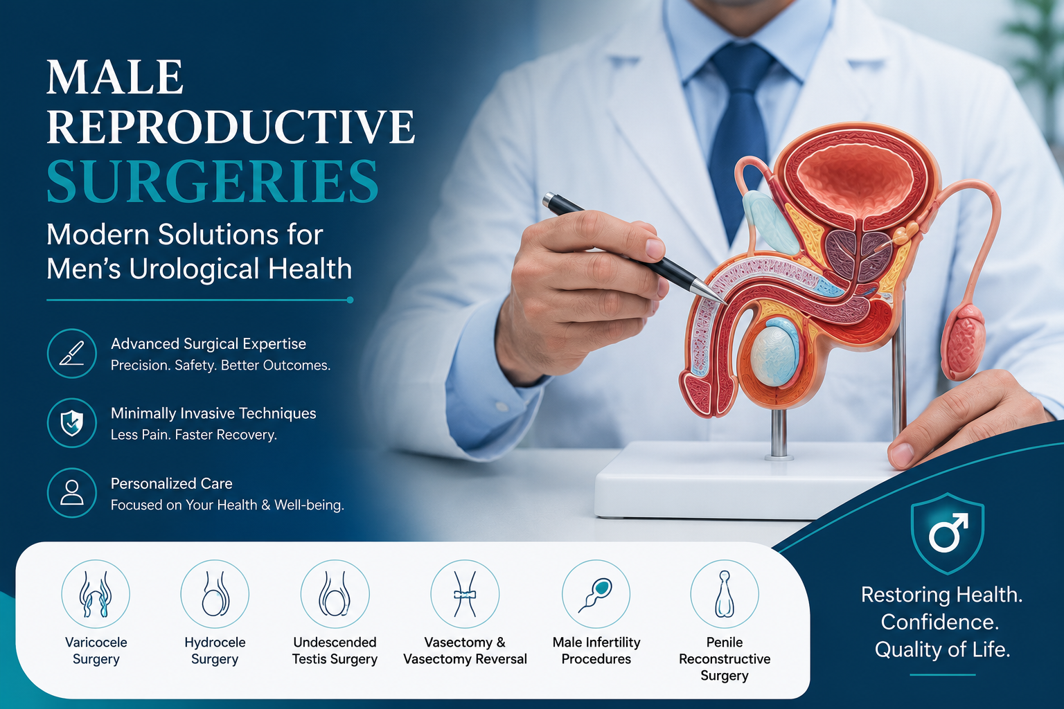 Male reproductive surgeries illustration showing advanced urological treatment procedures including varicocele surgery, hydrocele surgery, vasectomy reversal, infertility treatment, and reconstructive urology.