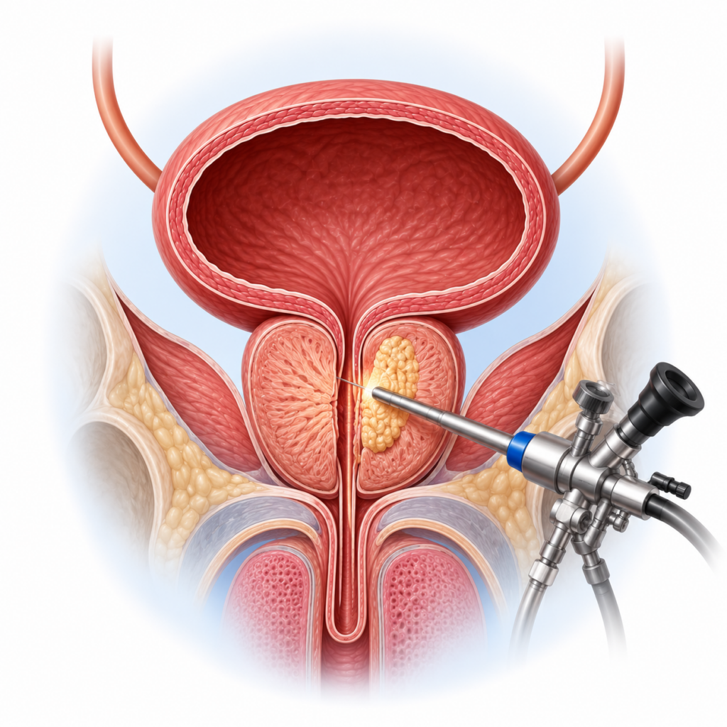 Medical illustration of a minimally invasive prostate surgery procedure showing endoscopic treatment of an enlarged prostate through the urethra.