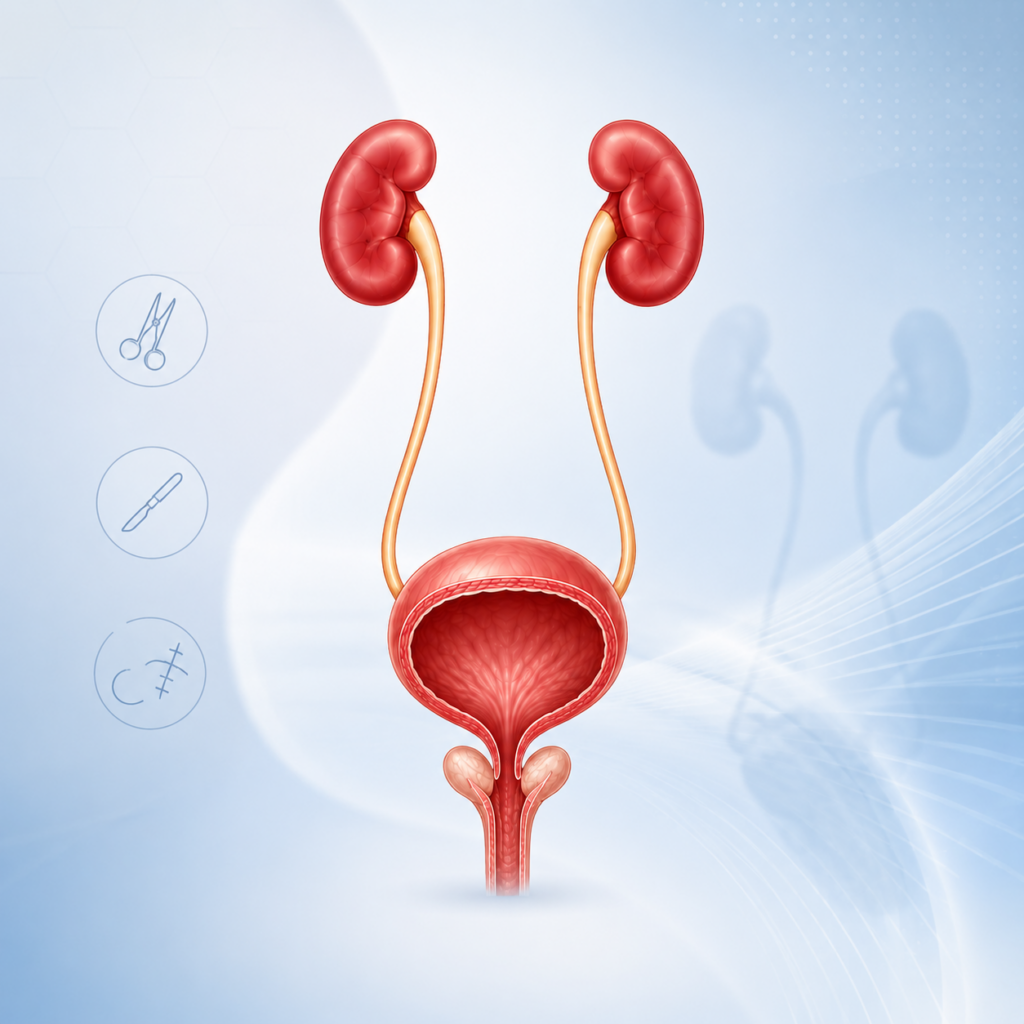 Illustration of reconstructive urology procedures showing urinary tract restoration and advanced surgical repair techniques.
