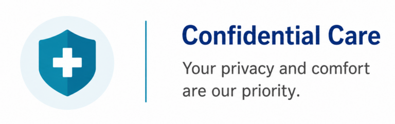 Confidential care banner featuring a medical shield icon representing private, secure, and compassionate male sexual health treatment by Dr. Ram Prasad Urologist in Hyderabad.