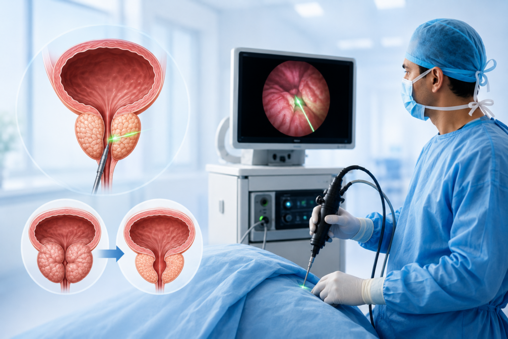 3D medical illustration showing laser prostate surgery for benign prostatic hyperplasia (BPH), highlighting the enlarged prostate, endoscopic laser treatment, and improved urinary flow in a modern clinical setting.
