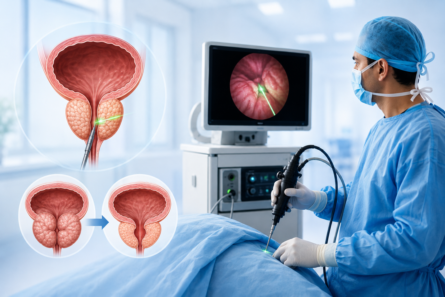 3D medical illustration showing laser prostate surgery for benign prostatic hyperplasia (BPH), highlighting the enlarged prostate, endoscopic laser treatment, and improved urinary flow in a modern clinical setting.