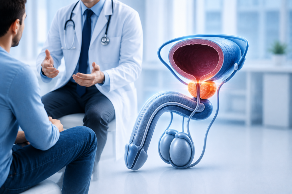 3D medical illustration showing the male urinary and reproductive system during a consultation for male sexual health treatment in a modern clinical setting.