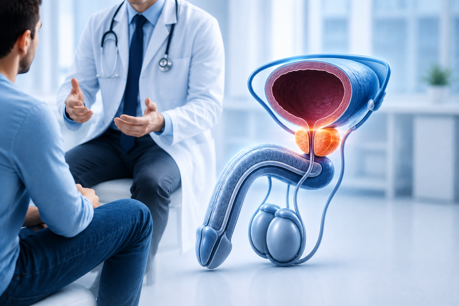 3D medical illustration showing the male urinary and reproductive system during a consultation for male sexual health treatment in a modern clinical setting.