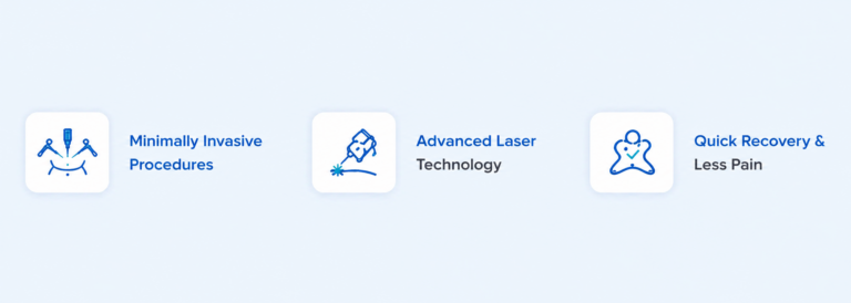Medical benefit icons representing minimally invasive procedures, advanced laser technology, and quick recovery with less pain for kidney stone treatment.