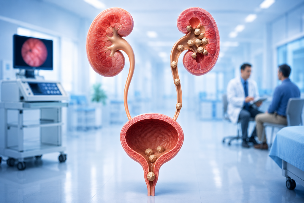 3D medical illustration showing the kidneys, ureters, and bladder with kidney and urinary stones in a modern clinical setting, representing advanced stone disease treatment.