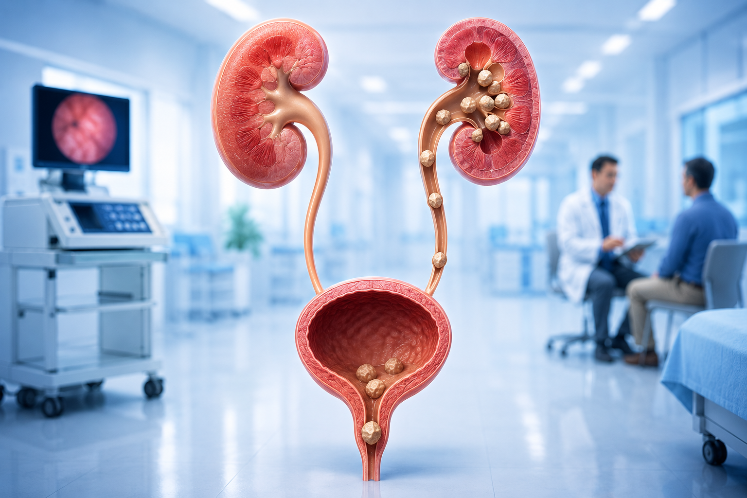 3D medical illustration showing the kidneys, ureters, and bladder with kidney and urinary stones in a modern clinical setting, representing advanced stone disease treatment.