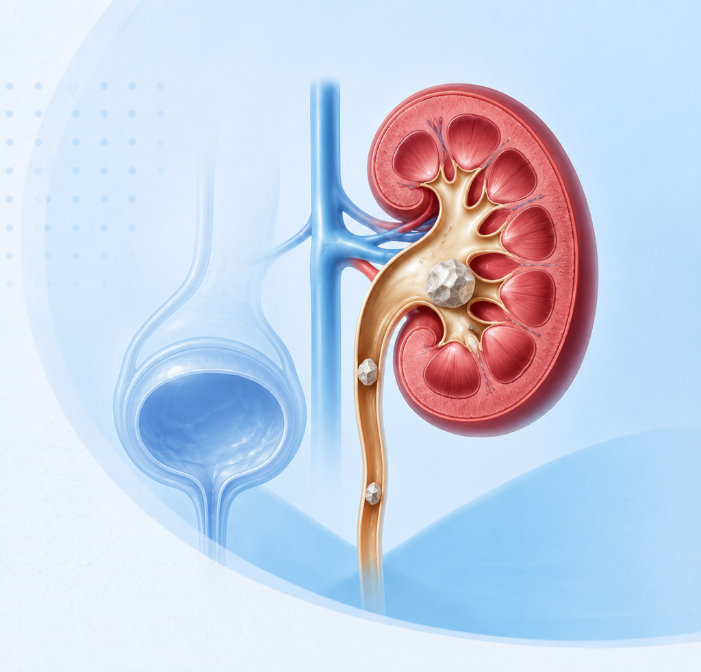Medical illustration of a kidney showing renal stones and the urinary tract, representing advanced diagnosis and minimally invasive stone disease treatment by Dr. Ram Prasad.