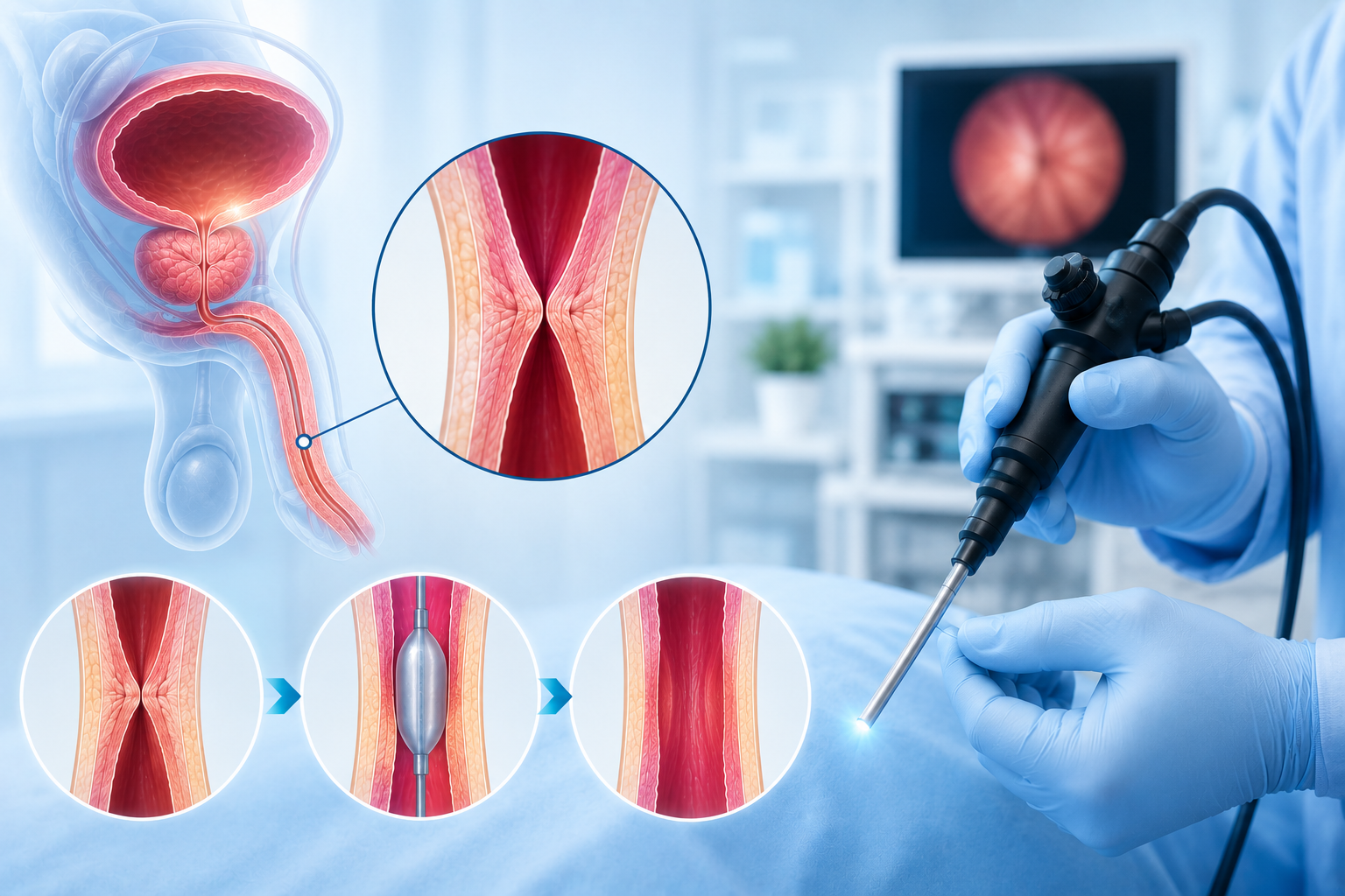 3D medical illustration showing urethral stricture, narrowed urethra, endoscopic treatment, balloon dilation, and restoration of normal urine flow in a modern clinical setting.