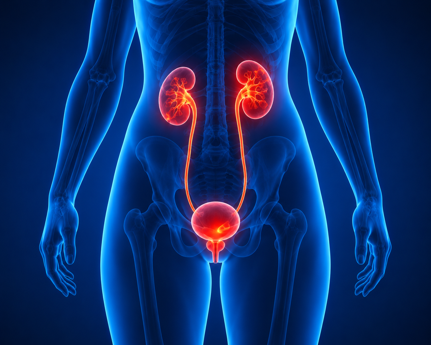 Illustration of the human urinary system showing the kidneys, ureters, and bladder for advanced urological cancer treatment by Dr. Ram Prasad in Hyderabad.