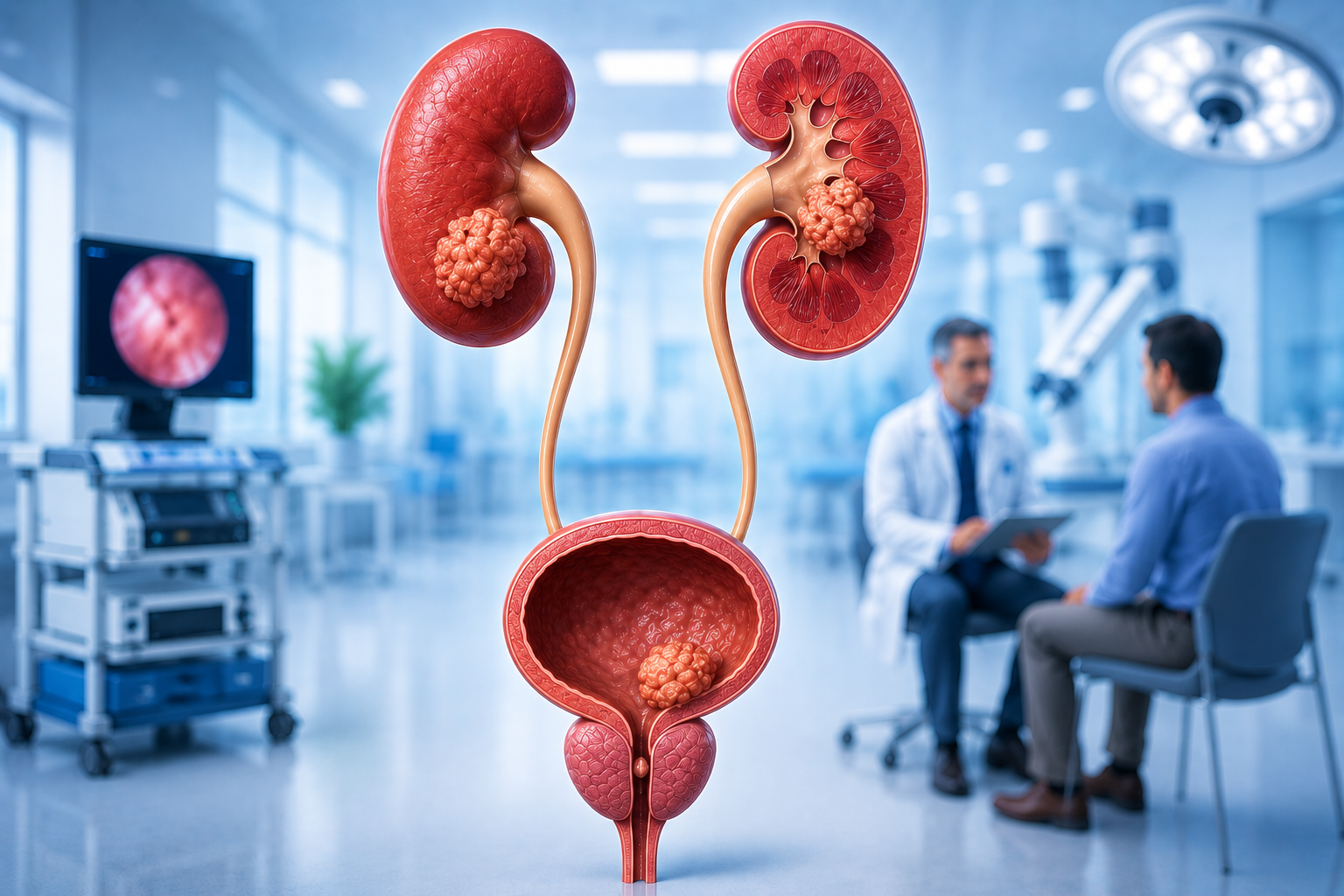 3D medical illustration showing the kidneys, bladder, and prostate with urological tumors in a modern clinical setting, representing advanced urological cancer diagnosis and treatment.
