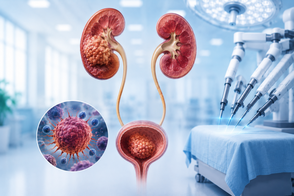 3D medical illustration showing urological cancers affecting the kidney and bladder with robotic-assisted surgery, advanced imaging, and minimally invasive treatment techniques.