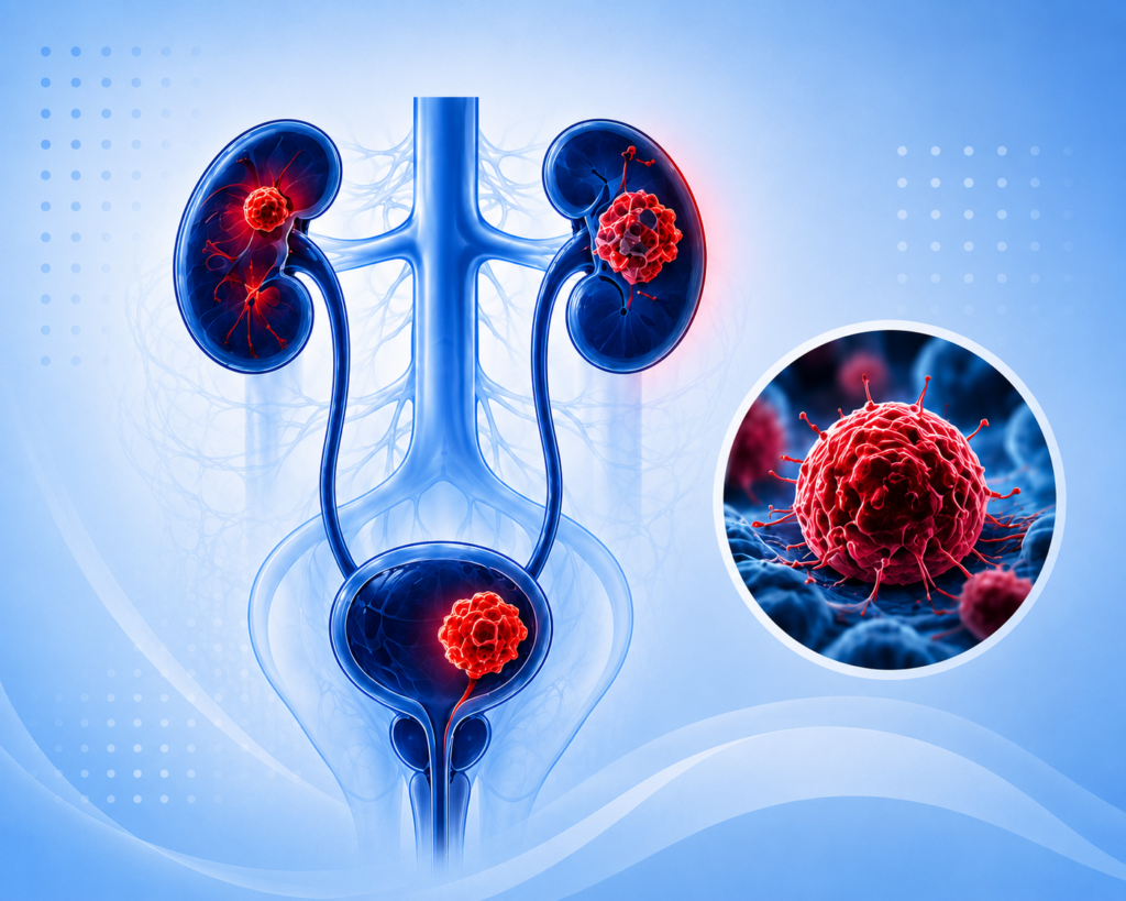 Advanced urological cancer treatment showing kidney cancer, bladder cancer, and urinary tract anatomy with minimally invasive robotic surgery by Dr. Ram Prasad in Hyderabad.