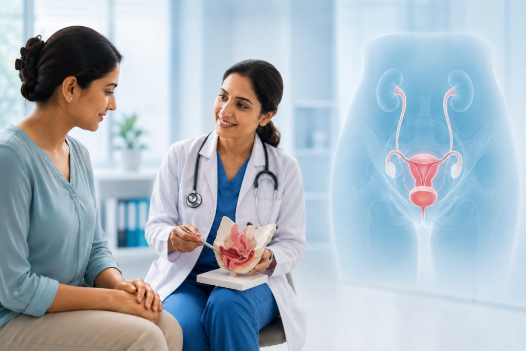 3D medical illustration showing a female patient consulting a urologist with anatomical representation of the female urinary and pelvic organs for urogynecology care.