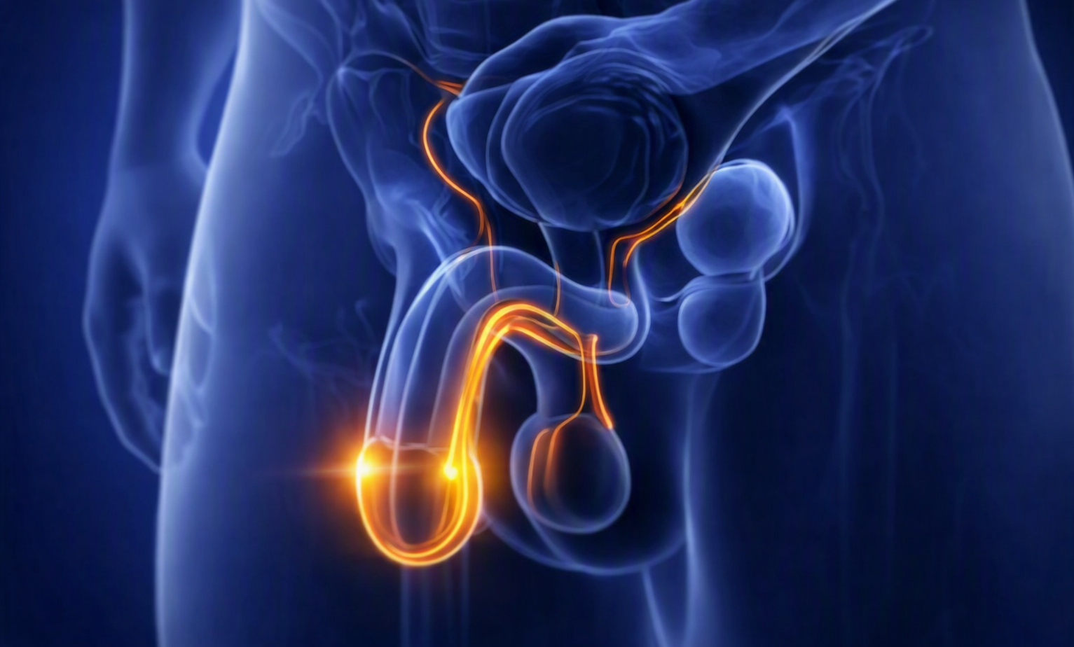 Medical illustration of the male reproductive and urinary system highlighting the penile and pelvic region for male sexual health education.