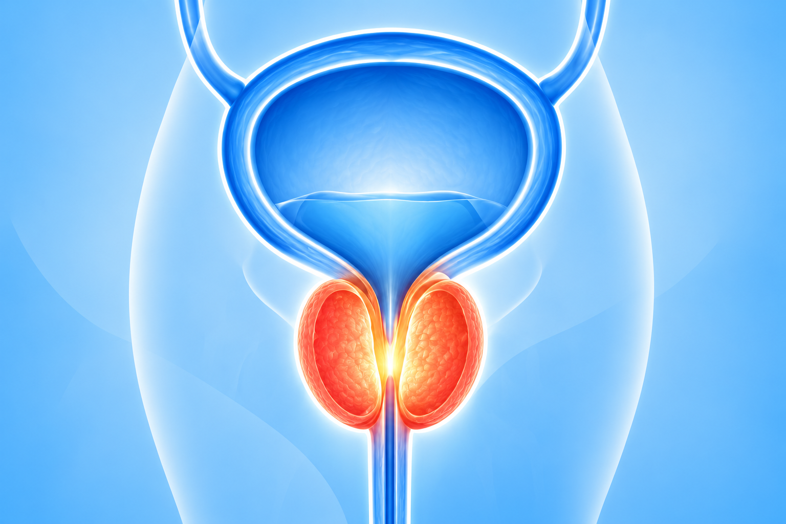 Medical illustration showing an enlarged prostate surrounding the urethra below the bladder