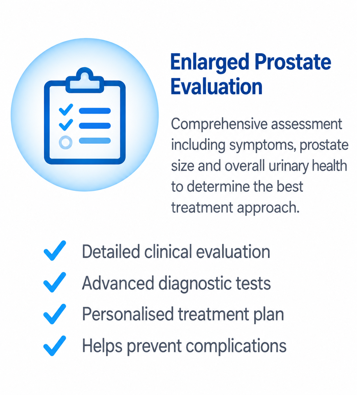 Medical infographic showing evaluation and diagnostic assessment for an enlarged prostate
