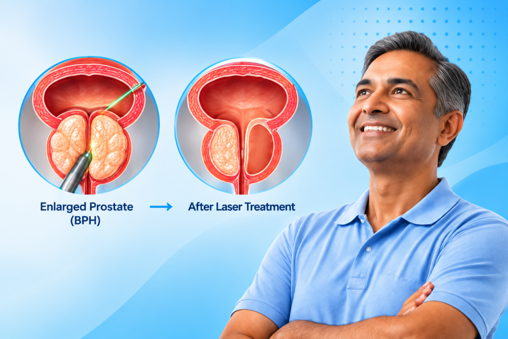 Medical illustration showing an enlarged prostate before and after laser treatment for BPH