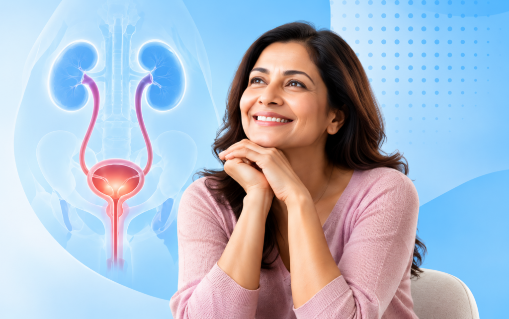 Women’s urology and urogynaecology medical illustration showing a woman alongside the female urinary system